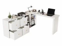 ModernLuxe Escritorio de esquina - Tablero giratorio a 360° - 4 compartimentos y 4 cajones - Tablero y patas reforzados - MDF - Blanco Best