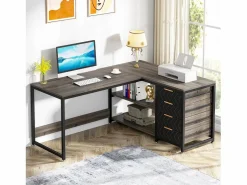 Escritorio de oficina en forma de L con cajones de almacenamiento, escritorio de esquina con estanterías, escritorio de oficina en forma de L reversible^Tribesigns Discount