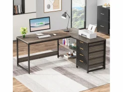 Escritorio de oficina en forma de L con cajones de almacenamiento, escritorio de esquina con estanterías, escritorio de oficina en forma de L reversible^Tribesigns Discount