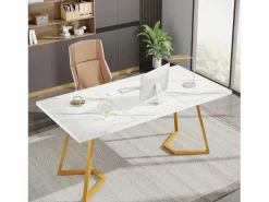 Tribesigns Escritorio de ordenador - 140 x 80 x 75 cm - Mesa de ordenador - Mesa de oficina - Mesa de trabajo - Mesa de oficina - y dorado Blanco Hot