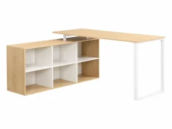 Vente-unique Escritorio Rinconero|Escritorio Tradicional|Escritorio esquinero con almacenamiento en MDF blanco y natural - NIPILI