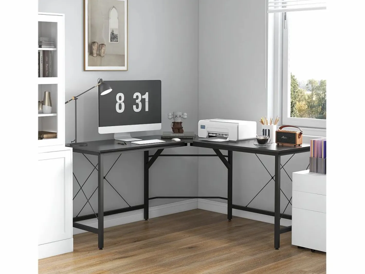 Escritorio esquinero en forma de L, con estante, de metal y MDF, color (150x150x76,5 cm) Negro Outlet