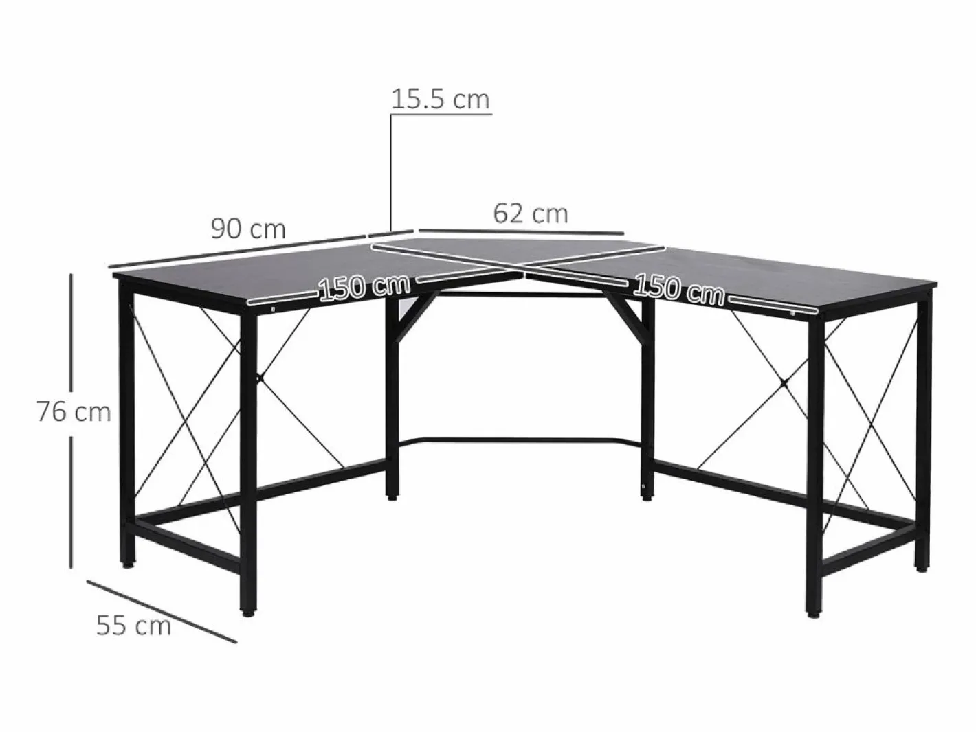 Escritorio esquinero en forma de L, con estante, de metal y MDF, color (150x150x76,5 cm) Negro Outlet