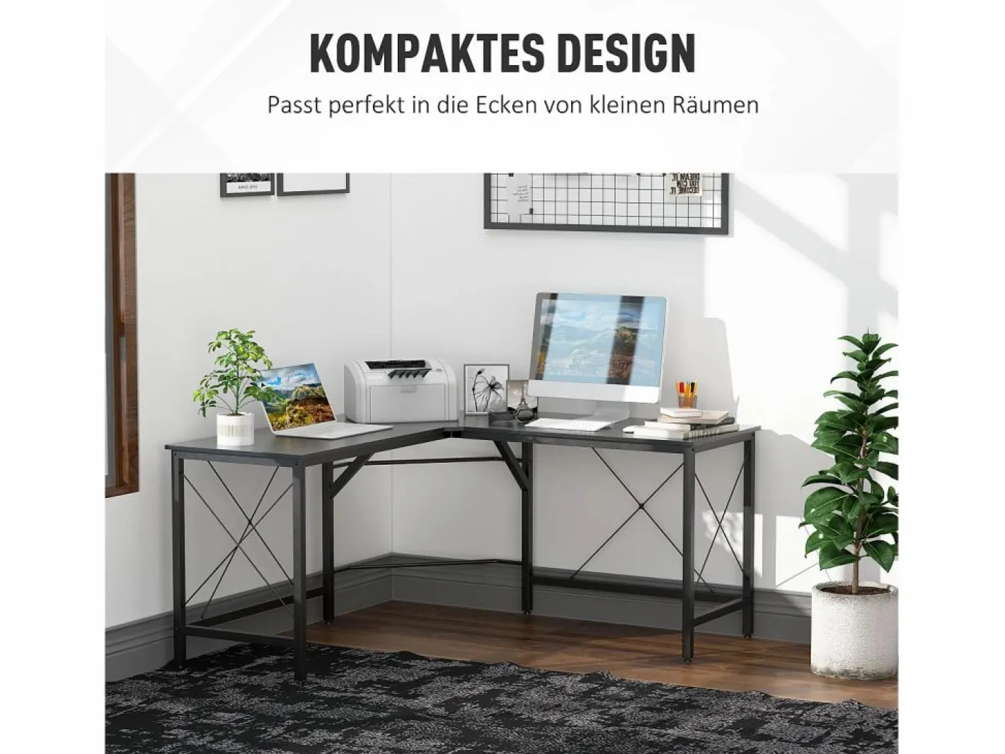 Escritorio esquinero en forma de L, con estante, de metal y MDF, color (150x150x76,5 cm) Negro Outlet
