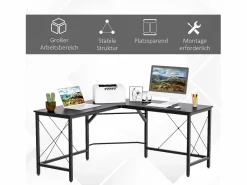 Escritorio esquinero en forma de L, con estante, de metal y MDF, color (150x150x76,5 cm) Negro Outlet
