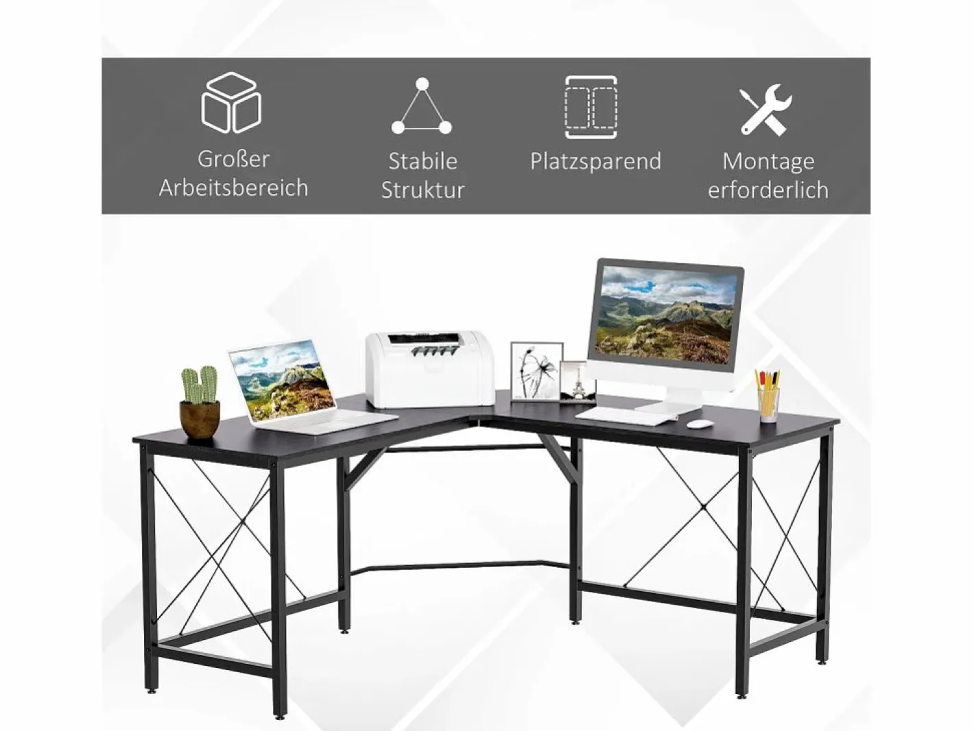 Escritorio esquinero en forma de L, con estante, de metal y MDF, color (150x150x76,5 cm) Negro Outlet