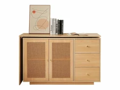 Escritorio esquinero en forma de L, mesa de ordenador con puertas de ratán, diseño moderno, blanco, 126 cm (126 x 40 x 75 cm)^ Hot