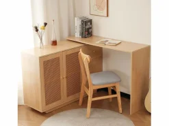 Escritorio esquinero en forma de L, mesa de ordenador con puertas de ratán, diseño moderno, blanco, 126 cm (126 x 40 x 75 cm)^ Hot