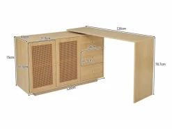 Escritorio esquinero en forma de L, mesa de ordenador con puertas de ratán, diseño moderno, blanco, 126 cm (126 x 40 x 75 cm)^ Hot