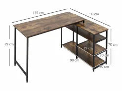 Mesa Gaming|Escritorio esquinero en forma de L, con estantes y cajón, metal, madera, marrón (135x90x79 cm)