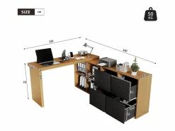 Escritorio esquinero giratorio de 360°: escritorio con 4 cajones y 4 compartimentos, MDF, y roble (120 x 48 x 78 cm) + (140 x 35 x 74 cm) Negro Discount