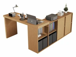 Escritorio esquinero giratorio de 360°: escritorio con 4 cajones y 4 compartimentos, MDF, y roble (120 x 48 x 78 cm) + (140 x 35 x 74 cm) Negro Discount