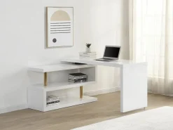 Vente-unique Escritorio Rinconero|Escritorio Tradicional|Escritorio extensible con plataforma giratoria 360° en MDF lacado y dorado - NICEPHORE II
