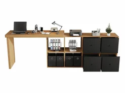 ModernLuxe Escritorio giratorio 360° 260×48×78 cm - con 4 compartimentos - 4 cajones - MDF - natural + negro Negro / Color natural claro New