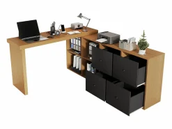 ModernLuxe Escritorio giratorio 360° 260×48×78 cm - con 4 compartimentos - 4 cajones - MDF - natural + negro Negro / Color natural claro New