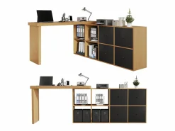ModernLuxe Escritorio giratorio 360° 260×48×78 cm - con 4 compartimentos - 4 cajones - MDF - natural + negro Negro / Color natural claro New
