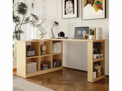 Escritorio Secreter|Escritorio multifuncional, con estantes y armarios, forma variable, tablero grueso, MDF, color natural (140x104x75 cm)