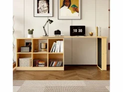 Escritorio Secreter|Escritorio multifuncional, con estantes y armarios, forma variable, tablero grueso, MDF, color natural (140x104x75 cm)