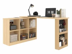 Escritorio Secreter|Escritorio multifuncional, con estantes y armarios, forma variable, tablero grueso, MDF, color natural (140x104x75 cm)