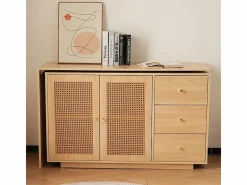 DripeX Mesa De Ordenador|Escritorio para computadora extensible - con 3 cajones y 2 puertas de ratán - función giratoria - MDF - 126x40x75cm