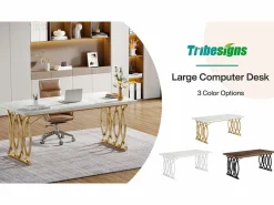 Tribesigns Mesa De Ordenador|Escritorio para ordenador, Mesa de escritorio informática de 160 cm Mesa de estudio moderna para PC Mesa de trabajo Mesa de comedor con patas doradas