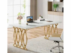Tribesigns Mesa De Ordenador|Escritorio para ordenador, Mesa de escritorio informática de 160 cm Mesa de estudio moderna para PC Mesa de trabajo Mesa de comedor con patas doradas