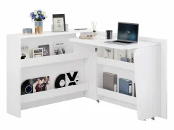 ModernLuxe Escritorio plegable 115×27×93 cm - con función de carga inalámbrica - con estantes y ruedas - Acabado de alto brillo - Blanco