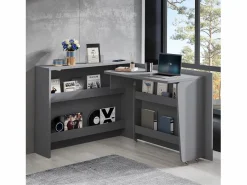ModernLuxe Escritorio plegable 115×27×93 cm - con función de carga inalámbrica - con estantes y ruedas - Acabado de alto brillo - ​​​ Gris Clearance