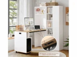 Merax Escritorio Rinconero|Escritorio plegable con estantes + USB - 104 x 30,5 x 160 cm - Librería y escritorio 2 en 1 - MDF -