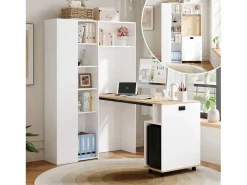 ModernLuxe Escritorio Rinconero|Escritorio plegable con estantes integrados - Librería + escritorio - Toma eléctrica y puerto USB - Estantes ajustables -