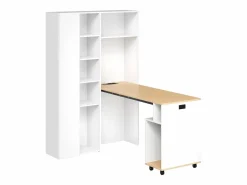 ModernLuxe Escritorio Rinconero|Escritorio plegable con estantes integrados - Librería + escritorio - Toma eléctrica y puerto USB - Estantes ajustables -
