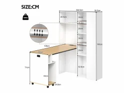 Escritorio plegable 104.5x30.5x160 cm - con estantería - enchufes y puertos USB - Estantes ajustables - Con ruedas - +natural^ModernLuxe Hot