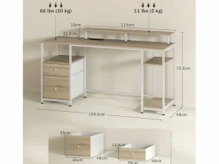 Homcom Escritorio Rivera luz LED con soporte y 2 cajones natural 88,5x55,5x48 cm Blanco New
