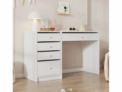 ModernLuxe Escritorio 120x45x74 cm - 5 cajones - tiradores de cerámica rosa - MDF - Blanco Hot
