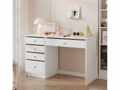 ModernLuxe Escritorio 120x45x74 cm - 5 cajones - tiradores de cerámica rosa - MDF - Blanco Hot
