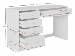 ModernLuxe Escritorio 120x45x74 cm - 5 cajones - tiradores de cerámica rosa - MDF - Blanco Hot