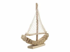 Escultura de velero en madera con red de tela 45x45x7cm Enok - Natural^ New