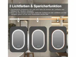 DripeX Accesorios De Cuarto De Baño|Espejo De Cuarto De Baño|Espejo de baño con iluminación LED 70x50 cm, antideflagrante de vidrio anti-fog, espejo de interruptor de pared ovalado, 3 colores, 6500k