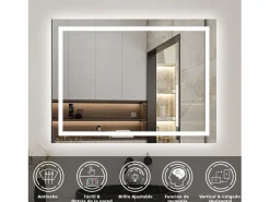 Accesorios De Cuarto De Baño|Espejo De Cuarto De Baño|Espejo de baño con Led,80 x 60 cm, luz blanca, rectangular, Con función antivaho, memoria agapada, brillo ajustable.