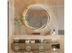 Espejo de baño de pared, espejo de tocador LED, espejo antivaho iluminado, espejo conectado, 3 pantallas táctiles, 60x60cm^Fativo Discount