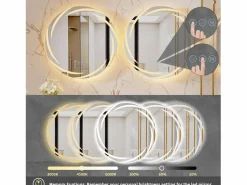 Espejo de baño de pared, espejo de tocador LED, espejo antivaho iluminado, espejo conectado, 3 pantallas táctiles, 60x60cm^Fativo Discount