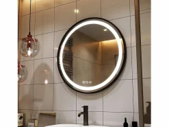 Fativo Espejo de baño LED redondo 60com espejo iluminado de pared con 3 colores ajustables antivaho 60x60cm Negro Best