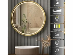 Fativo Accesorios De Cuarto De Baño|Espejo De Cuarto De Baño|Espejo de baño LED redondo 80cm iluminación con 3 colores ajustables antivaho 80x80cm