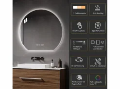 Espejo de baño LED redondo, 80 cm, color plata con función antivaho - Cristal y metal^Hauss Spole Online