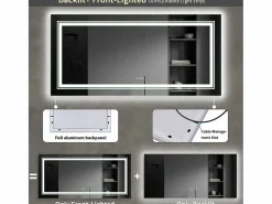 Fativo Accesorios De Cuarto De Baño|Espejo De Cuarto De Baño|Espejo de baño LED 160x80cm espejo de pared rectangular con iluminación antivaho 160x80cm