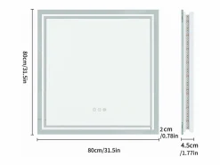 Fativo Accesorios De Cuarto De Baño|Espejo De Cuarto De Baño|Espejo de baño LED 80x80cm espejo de pared cuadrado con 3 colores ajustables 80x80cm