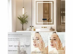 Espejo de baño rectangular iluminado con LED regulable y 4 botones táctiles - antivaho - 80x60cm^Fativo Sale