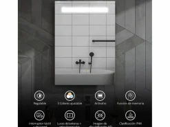 Homcom Espejo de baño Veldra 3 colores táctil plata 70x50 cm Plateado Discount