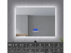 Espejo de baño, 100x80cm, espejo LED con altavoz Bluetooth, iluminación ajustable, función antivaho, indicador de temperatura^ Hot