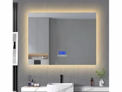 Espejo de baño, 100x80cm, espejo LED con altavoz Bluetooth, iluminación ajustable, función antivaho, indicador de temperatura^ Hot